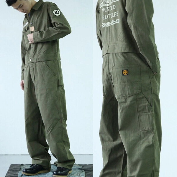 BOB DONG Motorcycle Coveralls Herringbone Long Sleeve Mechanic Garage Jumpsuit