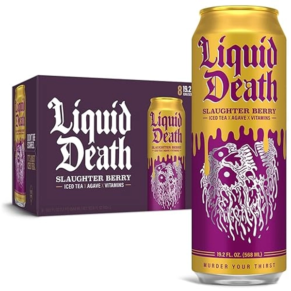 Liquid Death, Slaughter Berry Iced Tea, 8-Pack (King Size 19.2oz Cans), Raspberry Flavored Tea Sweetened With Real Agave, B12 & B6 Vitamins, Low Calorie & Low Sugar