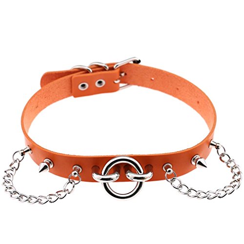 FM FM42 Multicolor 0.75" Width PU Simulated Leather Rivets O Ring Chains Neckband Choker Necklace - Orange