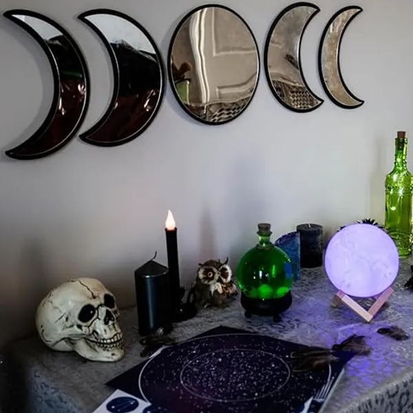 Black Magic Witch Moon Mirror – Announcing Love Gothic and Boho Home Wall Decor - Glass Moon Phase Mirror Set with Crystal Clear Reflection - Moon Mirror Wall Decor for Living Room Bedroom Nursery - Black