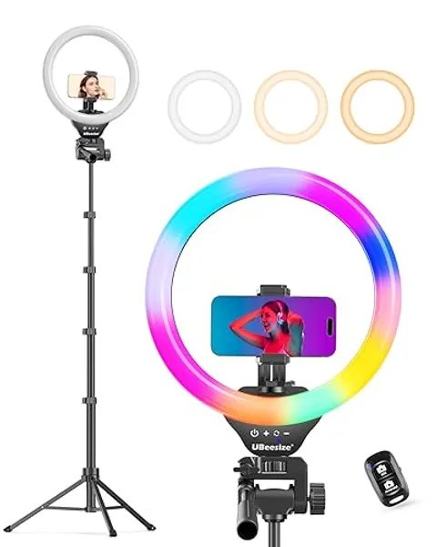 UBeesize 12'' RGB Selfie Ring Light with 62’’ Tripod Stand for Video Recording＆Live Streaming(YouTube, Instagram, TIK Tok), Compatible with Phones, Cameras and Webcams - RGB,White,Warm,Daylight - Black