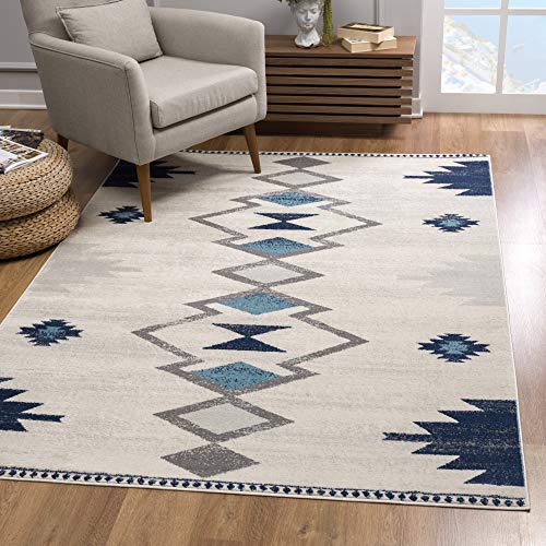 Rug Branch Savannah Contemporary Boho Blue Beige Indoor Area Rug for Living Room, Bedroom, Dining Room, and Kitchen - 5' x 7' (5'3" X 7'7")