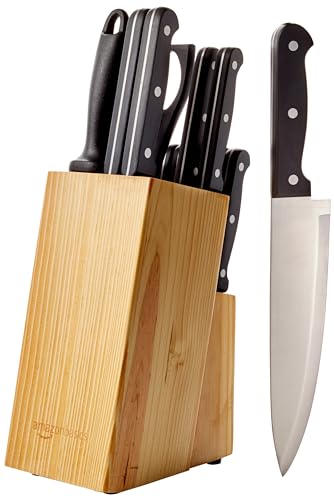 AmazonBasics 14-Piece Kitchen black Knife Set with Stainless-Steel Blades and Pine Wood Block - 14-Piece - Knife Block