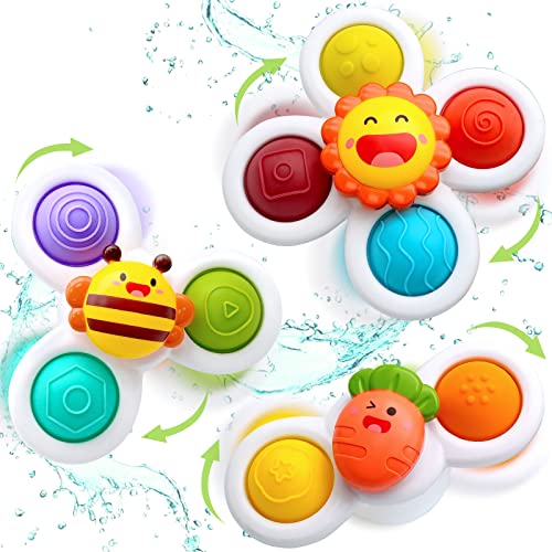 Suction Cup Spinner Toys for Baby, Sensory Toys Learning Toys for Toddlers 1-3, Baby Bath Toys for Babies 12-18 Months, 1 2 3 Year Old Girl Boy Gifts Idea (3 Pcs) - Sun