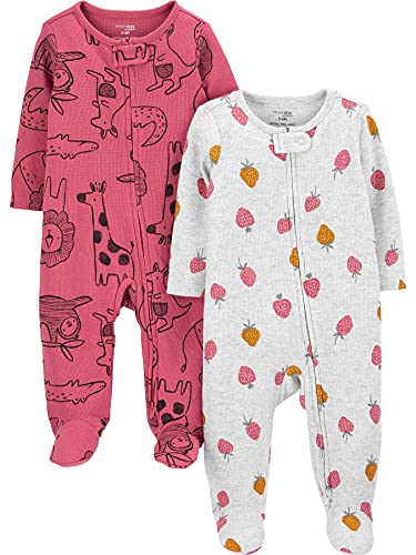 Simple Joys by Carter's Baby-Girls 2-Way Zip Thermal Footed Sleep and Play, Pack of 2 - Newborn - Dark Rose Forest Animals/Grey Strawberries