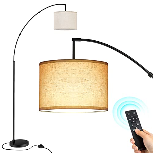 OUTON Arc Floor Lamp with Remote Control, 81" Height Dimmable LED Floor Lamp with Stepless Color Temperature, Tall Standing Lamp with Marble Base & Adjustable Hanging Shade for Living Room, Bedroom - Black+Beige Shade