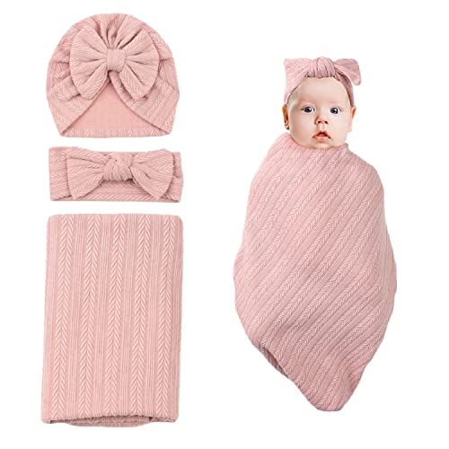 35"x33" Newborn Swaddle Blanket with Headband Set Wheat Pattern Swaddle Wrap Receiving Blanket for Baby Boy Girls Sleeping Bag (Pink) - Pink