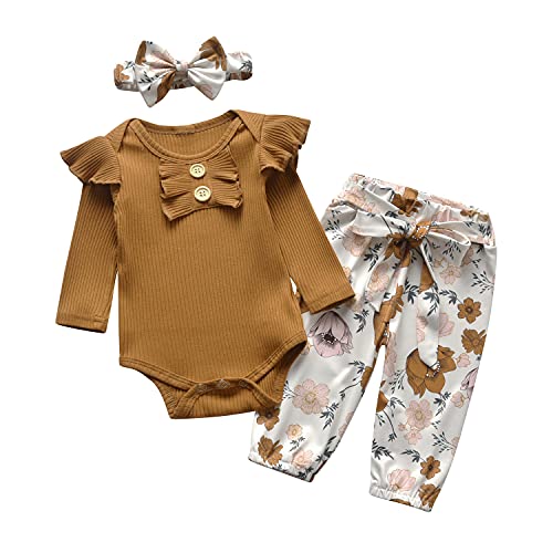 Newborn Baby Girls Clothes Outfits Infant Long Sleeve Romper Ruffle Floral Pants Headband Set - 0-3 Months - Brown