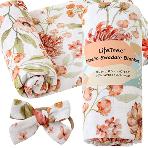 LifeTree Newborn Swaddle Sets for Baby Girl, Muslin Swaddle Blankets with Matching Headband Bow, Neutral Infant Receiving Blanket Floral Swaddle Wrap, 47 x 47 inches, Bamboo Cotton - Vintage Autumn Meadow and Bow