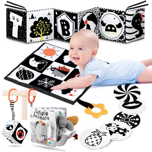 5 in 1 Black and White High Contrast Baby Toys 0-3 Months for Newborn, Tummy Time Toys Montessori Toys for Babies 0 3 6 9 Months - Infant Sensory Soft Book Toys for Babies Girls Boys Baby Gifts - 5pcs