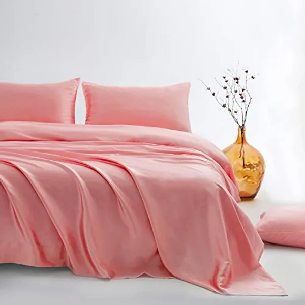 Candoury Satin Sheets Queen Bed Set 4 Pcs, Soft and Durable Pillowcase, Flat Sheet and Fitted Sheet, Hotel Luxury Silky Satin Sheets Set(Queen, Blush)