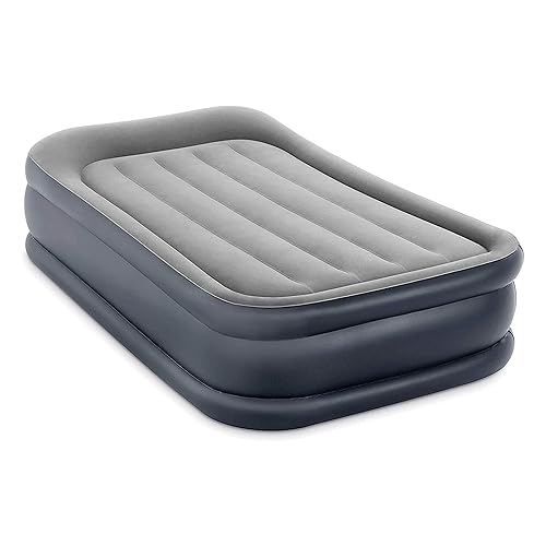 Intex 64131ED Dura-Beam Plus Deluxe Pillow Rest Air Mattress: Fiber-Tech – Twin Size – Built-in Electric Pump – 16.5in Bed Height – 300lb Weight Capacity - Twin