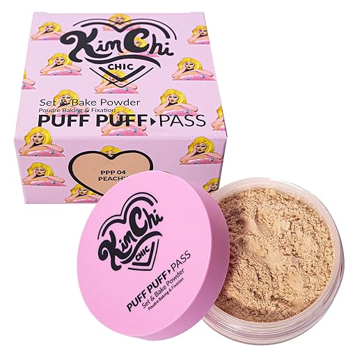 Kimchi Chic Beauty Puff Puff Pass Set and Bake Powder, Loose Face Powder with Extra Fluffy Setting Powder Puff, Soft Peach Face Makeup for Uneven Skin Tone, 04 Peachy - Peachy