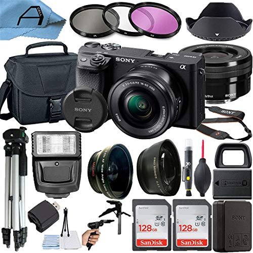 Sony Alpha a6400 24.2MP Mirrorless Digital Camera with 16-50mm Lens, 2 Pack SanDisk 128GB Memory Card, Padded Bag, Tripod and A-Cell Accessory Bundle (Black) - 128GB Card