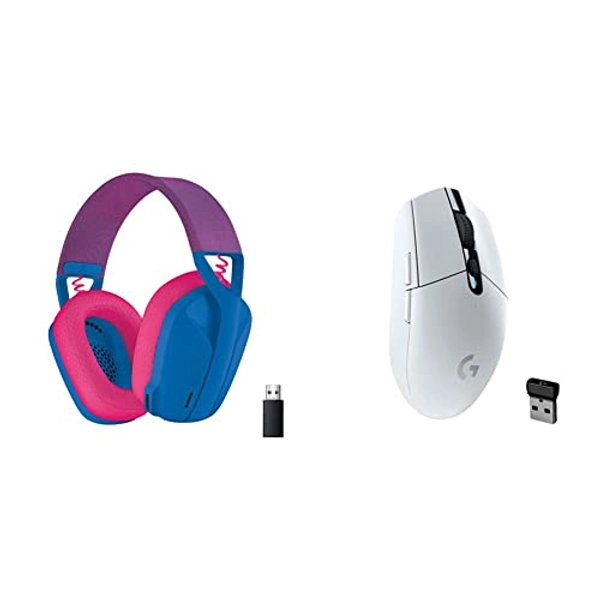Logitech G435 Lightspeed and Bluetooth Wireless Gaming Headset - Built-in mics, 18h Battery - Blue and G305 Lightspeed Wireless Gaming Mouse, PC/Mac - White