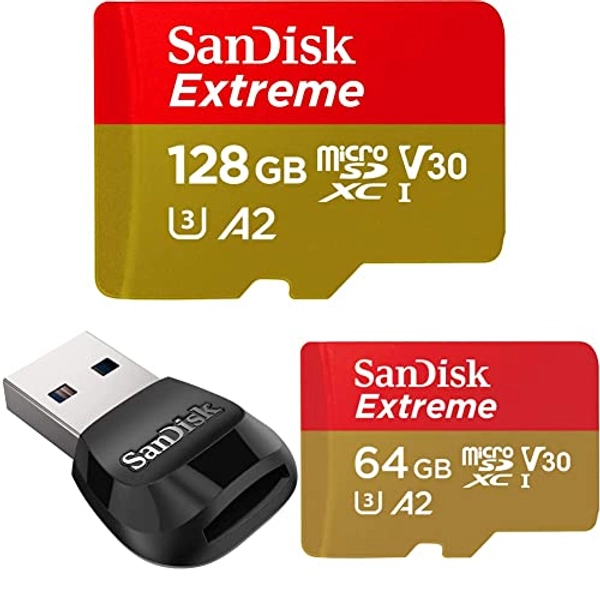 SanDisk 128GB Extreme microSDXC UHS-I Memory Card & MobileMate USB 3.0 microSD Card Reader & 64GB Extreme microSDXC UHS-I Memory Card with Adapter