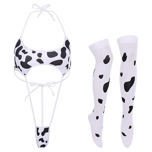 FYMNSI Women Sexy Milk Cow Lingerie Set Anime Maid Cosplay Costume Mini Bikini Bra Bodysuit with Bell Choker Stockings Outfit - One Size - Milk Bikini Set