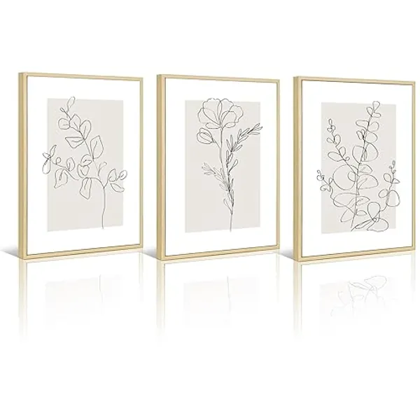 Neutral Botanical Prints Wall Art Flower Minimalist Canvas Wall Decor Vintage Line Wall Art Floral Plant Painting Pictures Beige Boho Artwork Farmhouse Poster for Bedroom 16x24 Inch Framed Set of 3 - 24L" x 16W" - Flower Art - Framed