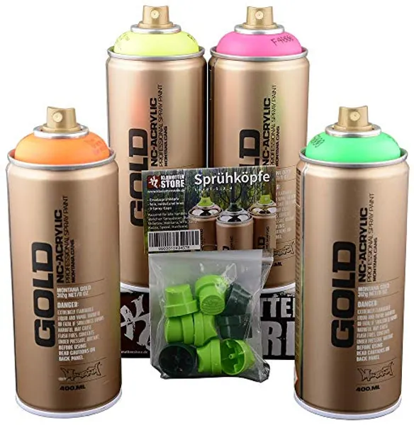 Montna Gold Sprühdosen Set - fluoreszierend - 4x400ml - Neonorange, Neongelb, Neonpink, Neongrün + Ersatzsprühköpfe - schnelltrocknender Lack auf Acrylbasis, hochdeckend