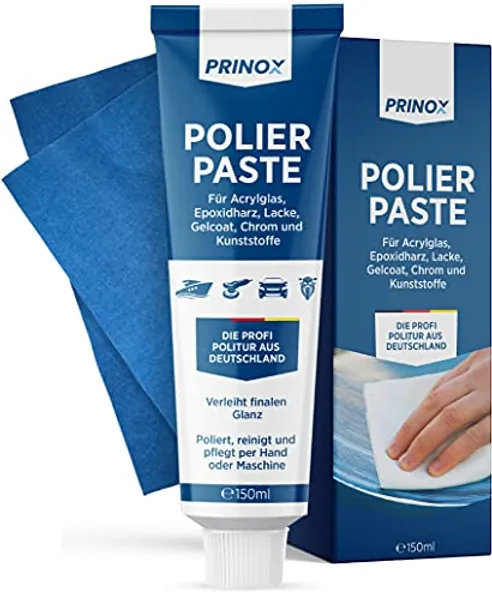 PRINOX® 150ml Polierpaste inkl. Profi Poliertuch I Politur für Acrylglas, Lacke, Gelcoat gfk, Chrom & Kunststoffe I Entfernt Mattierungen & Mikro Kratzer