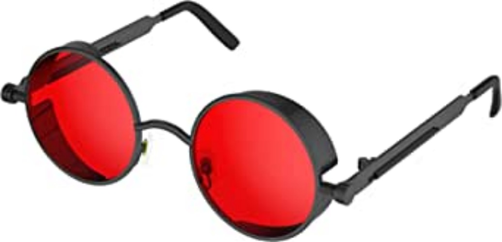 PROUDDEMON Retro Gothic Steampunk Sunglasses for Women Men Round Lens Metal Frame - Black Red
