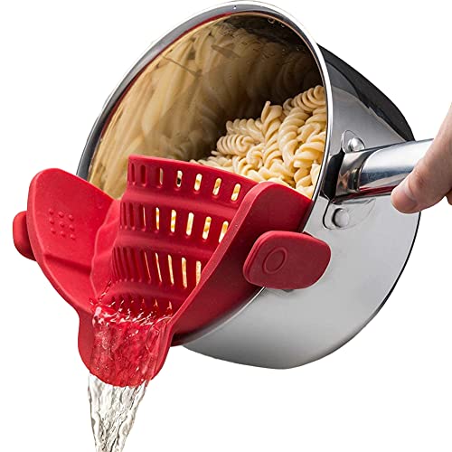 Kitchen Gizmo Snap N Strain Pot Strainer and Pasta Strainer - Adjustable Silicone Clip On Strainer for Pots, Pans, and Bowls - Kitchen Colander - Red Large