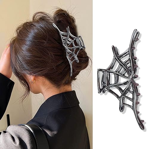 Spider Web Metal Hair Claw Clips - Alloy Punk & Y2K-Style Hair Accessory for Thin Hair (Black) - Black Spider Web