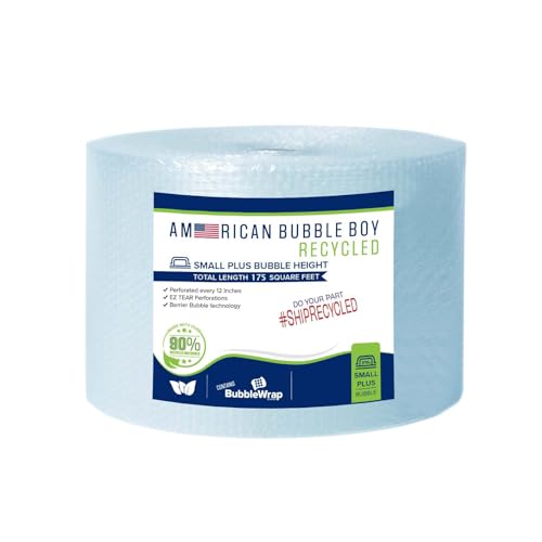 Large roll of 175 Feet of Recycled Small Plus Bubble wrap for packing, moving and shipping for your business essentials. Eco friendly and made from 90% post-consumer materials by American Bubble Boy - Small Plus Bubbles (3/16")