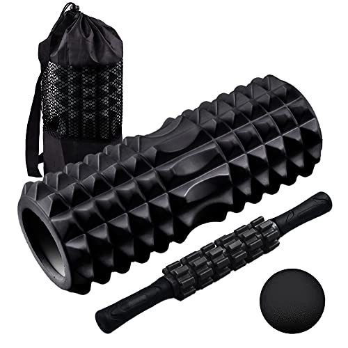 4 in 1 Foam Roller Set, Foam Rollers with Muscle Roller Stick and Massage Balls, for Deep Tissue Massage, Pain Relief of Back, Legs, Exercise - Black
