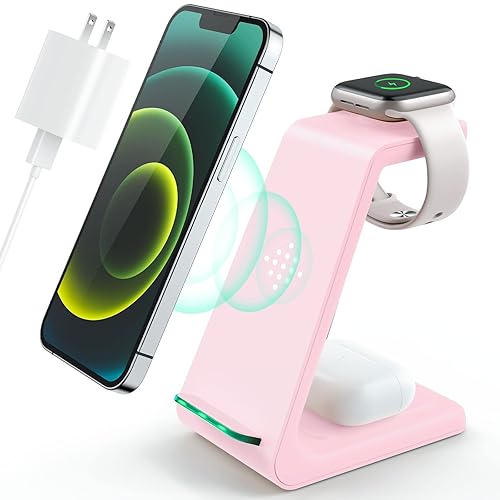 Wireless Charging Station, 3 in 1 Fast Desk Charging Station, Wireless Charger Stand for iPhone 15/14/13/12/11 Pro Max/X/Xs Max/8/8 Plus, AirPods 3/2/pro, iWatch Series Ulrta/9/8/7/SE/6/5/4/3/2 (pink) - C-Pink