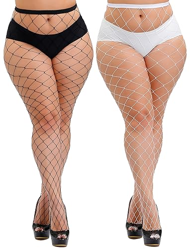 HZH Womens High Waist Tights Fishnet Stockings Plus Size Thigh High Pantyhose - Medium-3X-Large - 2-black+white/Large Gride-2 Pairs