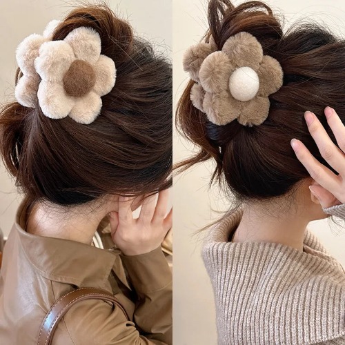 Neutral Browns Cozy Plush Flower Hair Claw Clip Hair Accessories - Brown