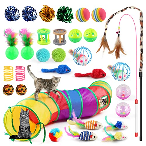 Oziral Cat Toys Set 32 PCS Kitten Toys Assortments Including 2 Way Rainbow Tunnel Cat Feather Teaser Wand Sisal Mice Bell Balls Crinkle Balls Interactive Cat Toys for Indoor Cats Kitten - Rainbow