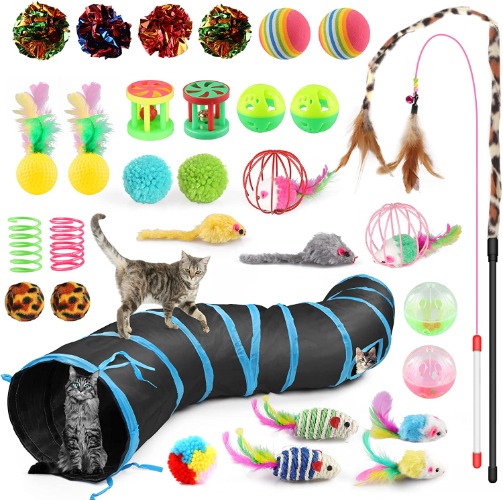 Oziral Cat Toys Set 32 PCS Kitten Toys Assortments Including 2 Way Black Tunnel Cat Feather Teaser Wand Sisal Mice Bell Balls Crinkle Balls Interactive Cat Toys for Indoor Cats Kitten - Black