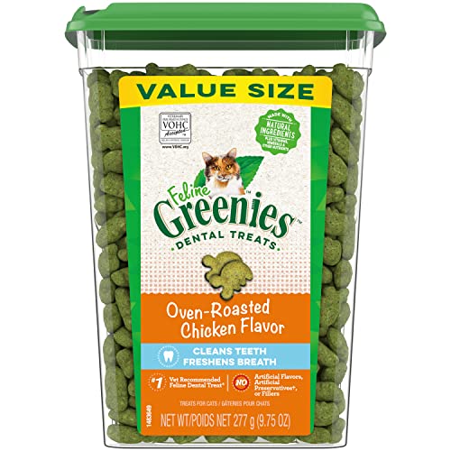 FELINE GREENIES Adult Dental Cat Treats, Oven Roasted Chicken Flavor, 9.75 oz. Tub - Chicken - 9.75 Ounce (Pack of 1)
