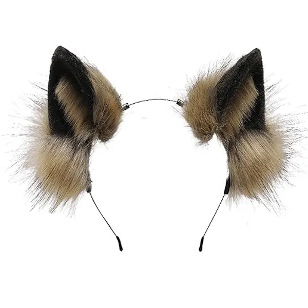 ZFKJERS Furry Fox Wolf Cat Ears Headwear Women Men Cosplay Costume Party Cute Head Accessories for Halloween (Khaki Black) - Khaki Black