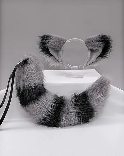 NICEYEA Faux Fur Ears Tail Set - Fluffy Fox Raccoon Wolf Animal Tail Ears Headband Halloween Cosplay Fancy Dress Up Accessory Set - Grey Black