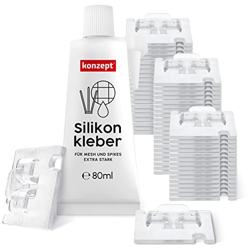 Konzept 11 - Klebehaken Draußen 50 Stk. mit Montagekleber Extra Stark 80ml, Balkonnetz für Katzen Befestigung ohne Bohren, Transparent Fixierung für Katzennetz - 50 Stk.+80ml Kleber - Transparent