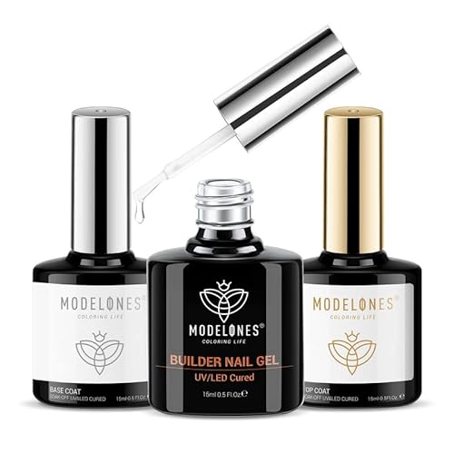 modelones Builder Nail Gel with Gel Top and Base Coat, 3Pcs Gel Nail Kit for Nail Thickening Apex Building Nail Extension Rhinestone Gel Nail Glue, LED Nail Lamp Cured - A1-3 Pcs 15ml Gel Builder with Base Top Coat