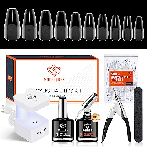modelones Nail Tips and Glue Gel Kit, Gel x Nail Kit with 4-in-One Nail Glue, 500Pcs Nail Tips Half Matte Medium Coffin Shape, Mini LED Nail Lamp, Nail Dehydrator for Fast Extension Salon Nail Art - A4-Half Matte Medium Coffin Tips 500