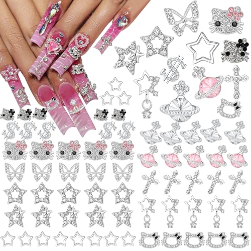 Nail Charms - TemBelle Ltd 112PCS Nail Charms Bulk Set Y2K Nail Charms and Gems 3D Silver Star Butterfly Planet Cross Nail Charms Y2k Charms for Acrylic Nails Design Kawaii Nail Jewels for Nail Art - 112PCS Silver nail charms