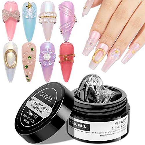 SUPWEE Solid Builder Gel for Nails - Multifunctional Clear Non-Stick Hand Hard Gel for Carving Patterns Decoration Nail Art Emboss Nail Extension Gel for Nails Mnicure DIY at Home 14g(0.49fl oz) - Clear