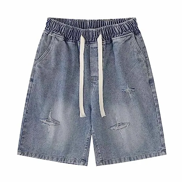POHADON Y2K Blue Denim Shorts Summer Casual Loose Straight Leg Unisex Baggy Jeans Shorts Jorts Grunge Harajuku Streetwear
