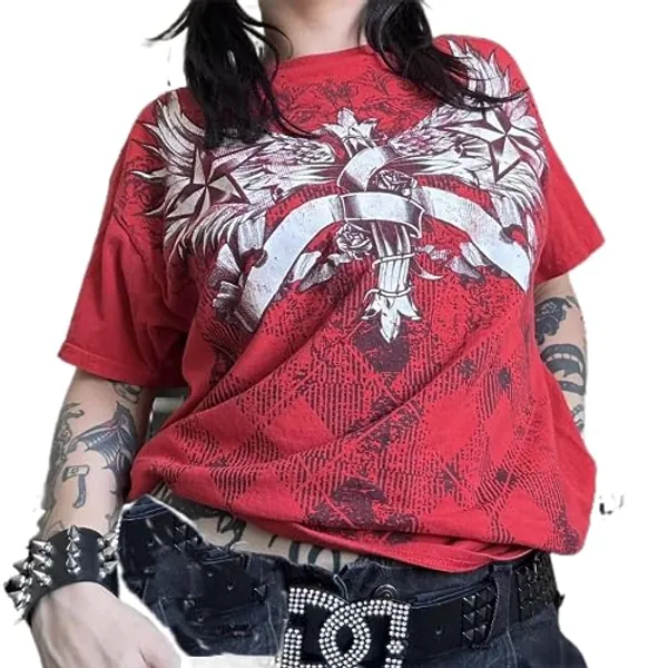 Grunge Graphic Tees for Women Y2k Vintage Gothic T Shirt Teen Girls Aesthetic Emo Baggy Tops 2000s Alternative Clothes