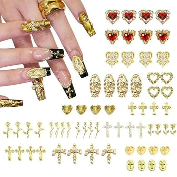 64pcs Gold Nail Charms Set with Gold Cross, Hearts, Rose, and Virgin Mary - Y2K 3D Chrome Nail Decorations