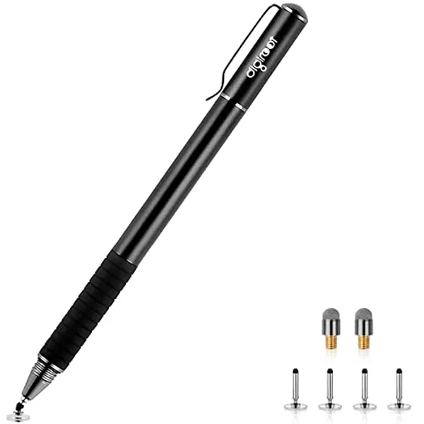 Digiroot Universal Stylus,[2-in-1] Disc Stylus Pen Touch Screen Pens for All Touch Screens Cell phones, iPad, Tablets, Laptops with 6 Replacement Tips(4 Discs, 2 Fiber Tips Included) - (Black)