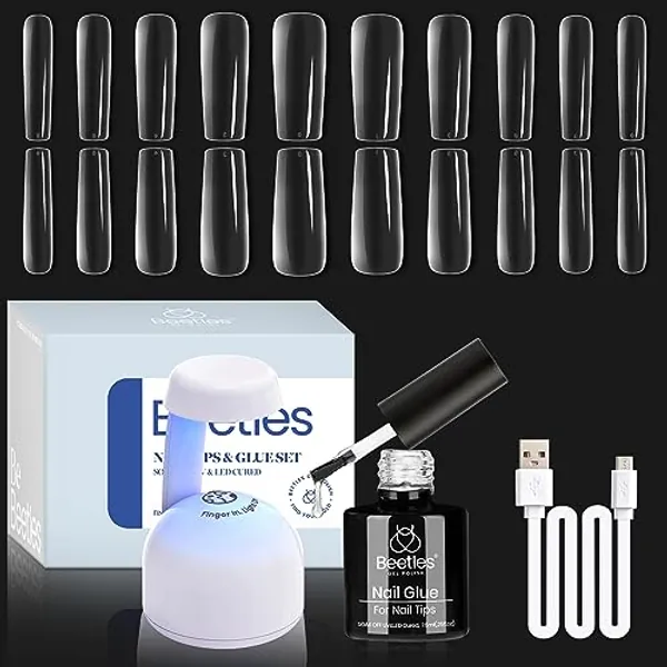Beetles Gel Nail Kit Easy Nail Extension Set with 500Pcs Nail Tips Long Square Shape 5 In 1 Nail Glue Base Gel and Innovative UV Led Lamp Easy Diy Nails Art Home Acrylic False Nail Tips Kit