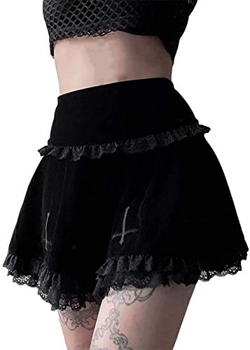 DINGJIUYAN Punk Cross Print Dark Mini Skirts Chain Belt Black Uniform Pleated Skirt - M - Lace Skirt