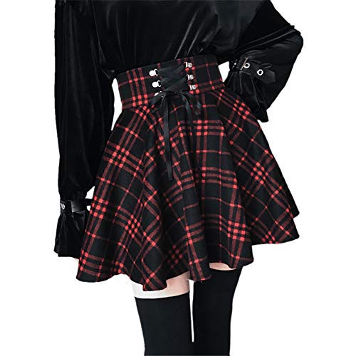 SIPEIEN Women's Plaid A-line Skirt Gothic High Waist Pleated Flare Short Mini Skater Skirt - Red - M