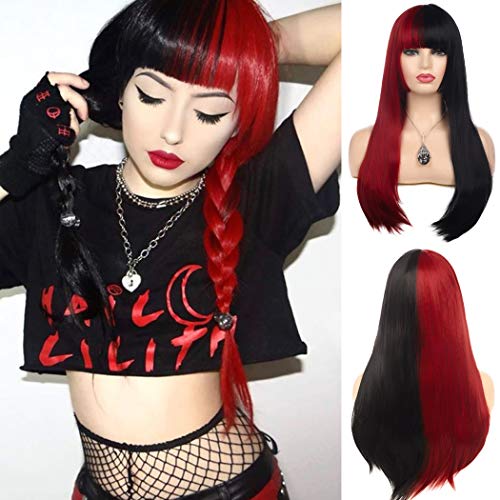 Beweig Wigs for Women Half Red Half Black Long Straight Hair Wig with Bangs Synthetic Cosplay Halloween Party 25.5inch - L549-RedBlack - 25.5 inch (Pack of 1)